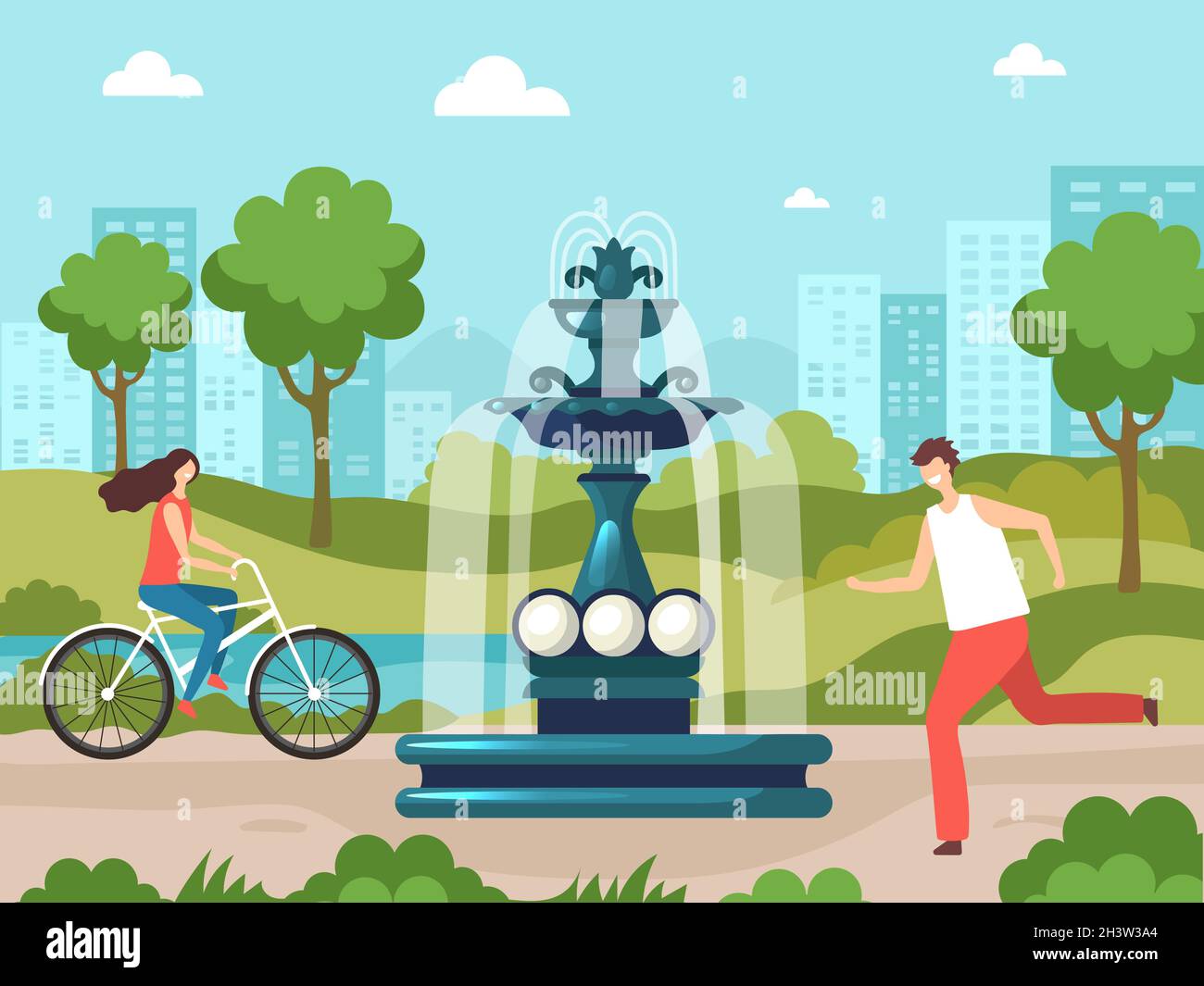 Fountain in park. Nature background urban garden with water decorative fountain ornate objects vector illustrations Stock Vector