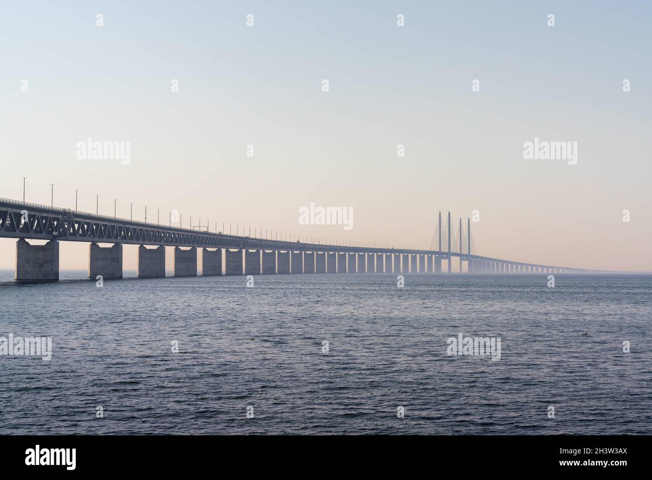 View of the landmark Oresund Bridge between Denmark and Sweden Stock Photo