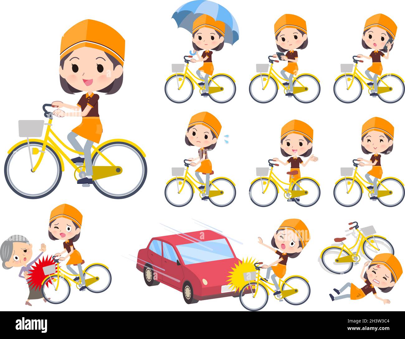 A set of Fast food clerk woman riding a city cycle.It's vector art so easy to edit. Stock Vector