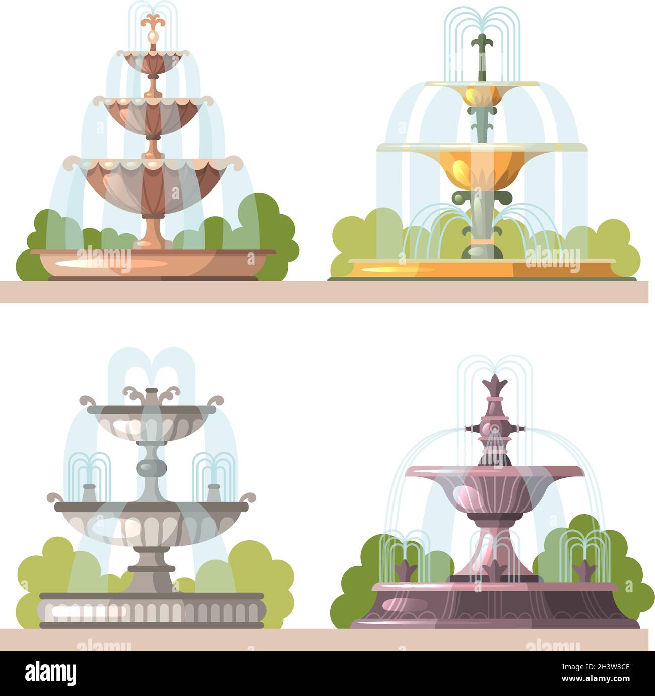Fountains. Water beauty decorative constructions for gardens outdoor park vector cartoon illustrations Stock Vector