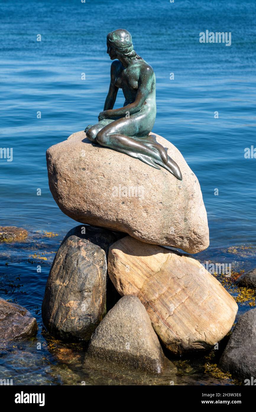 View of the Little Mermaid statue on the Langelinie Promenade in the harbor of Copenhagen Stock Photo