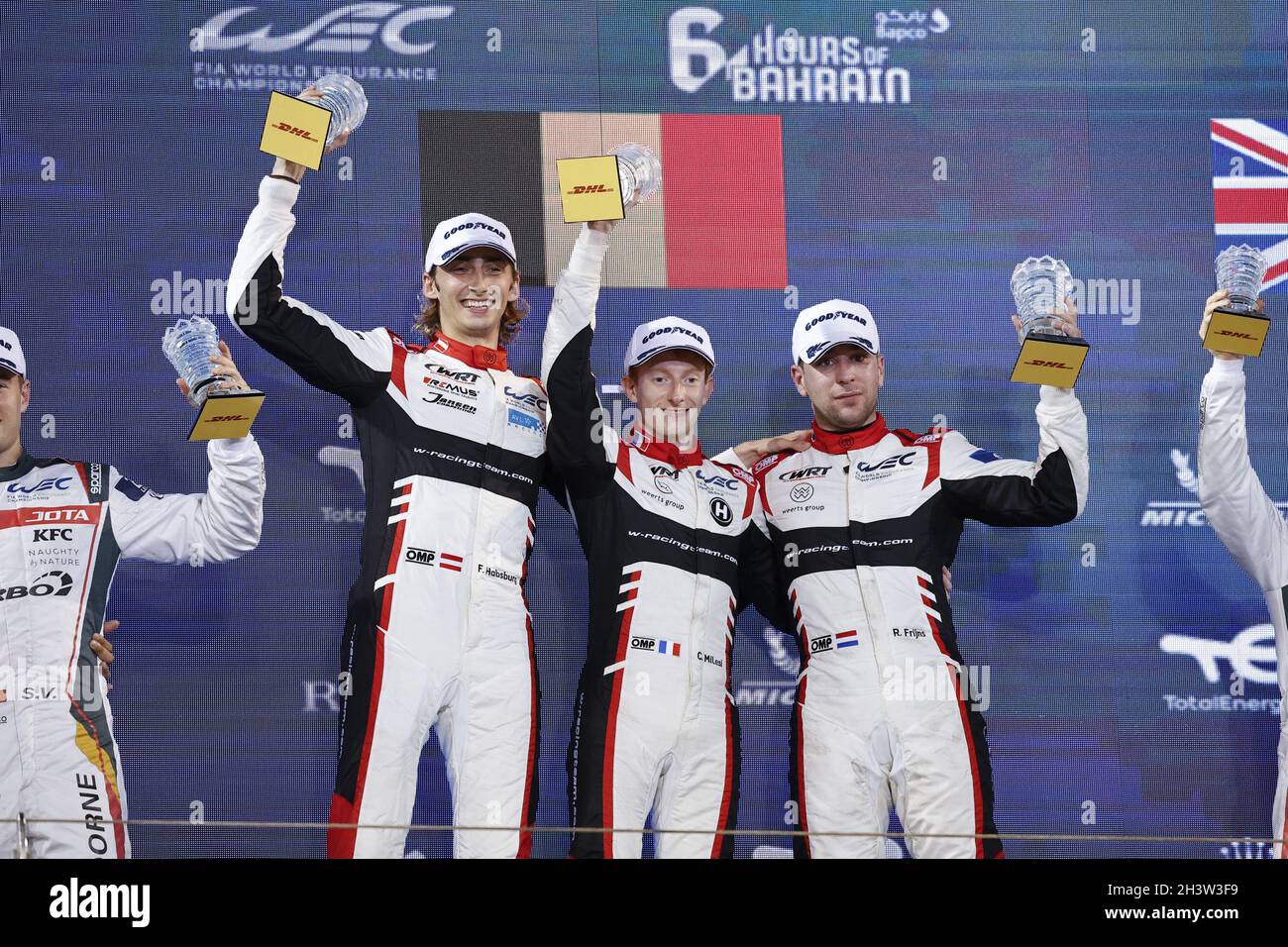 31 Frijns Robin (nld), Habsburg-Lothringen Ferdinand (aut), Milesi Charles (fra), Team WRT, Oreca 07 - Gibson, PODIUM during the 6 Hours of Bahrain, 5th round of the 2021 FIA World Endurance Championship, FIA WEC, on the Bahrain International Circuit, from October 28 to 30, 2021 in Sakhir, Bahrain - Photo: Francois Flamand/DPPI/LiveMedia Stock Photo