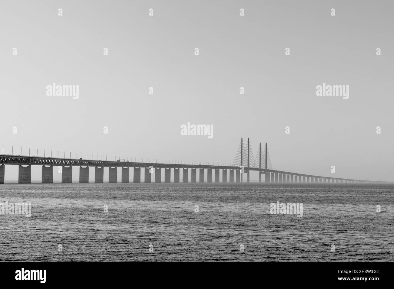 Black and white view of the Oresund Bridge between Denmark and Sweden Stock Photo
