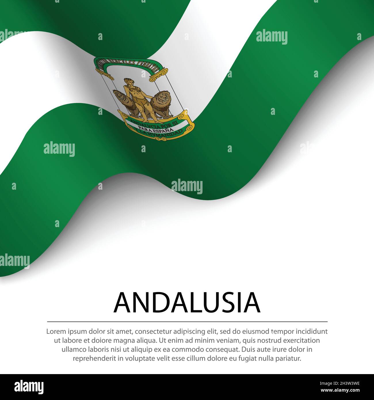 Waving flag of Andalusia is a region of Spain on white background. Banner or ribbon vector template Stock Vector