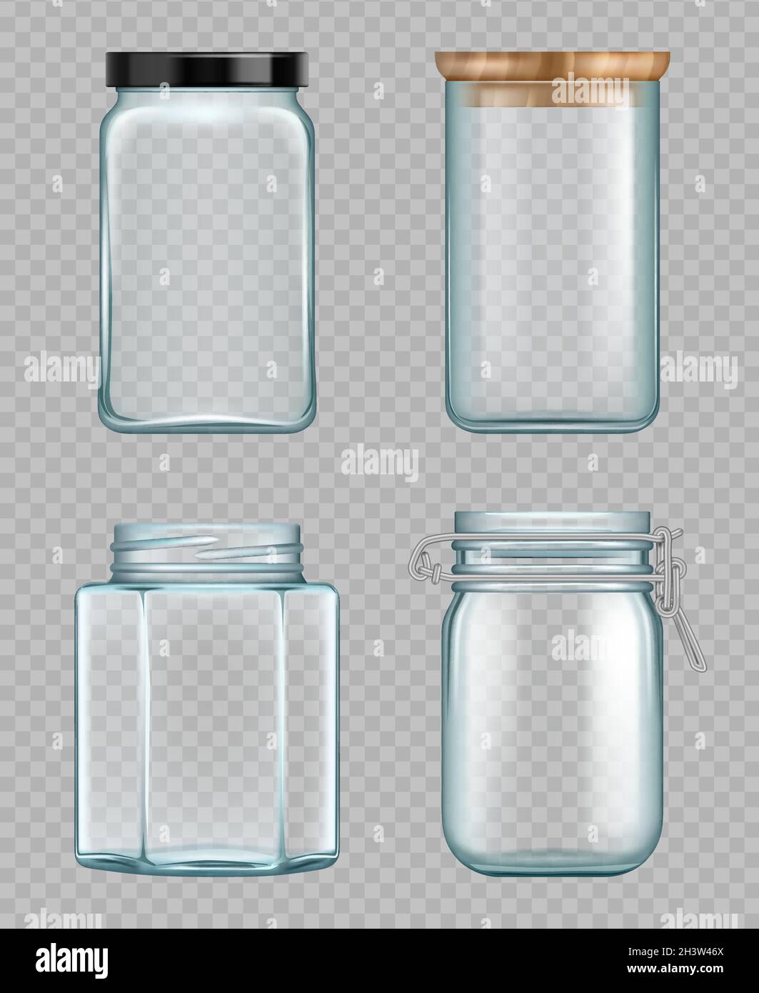Transparent jar. Empty glass bottles liquid food containers vector