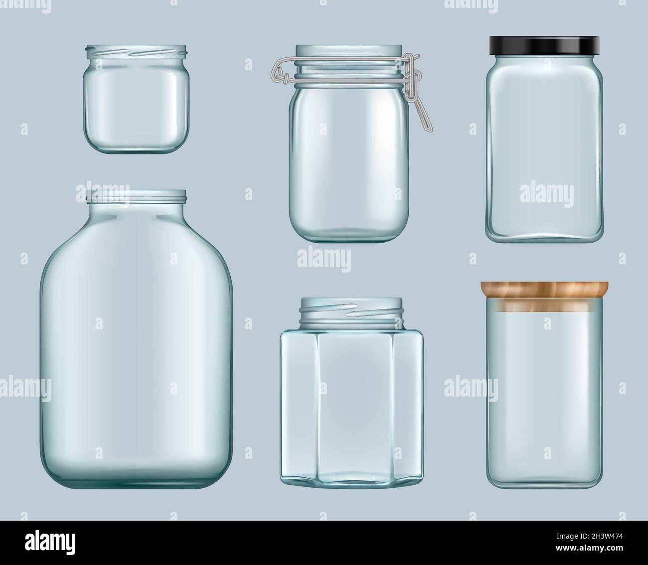 Glass jars. Product jam containers transparent bottles for liquids