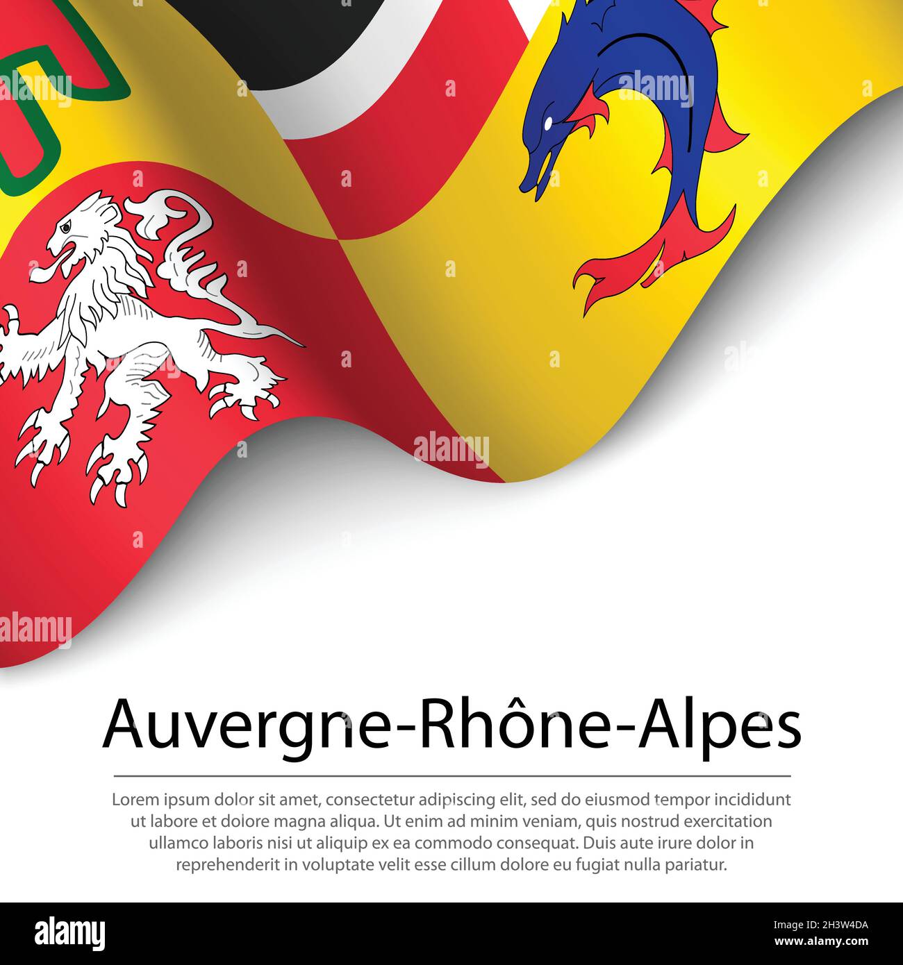 Waving flag of Auvergne-Rhone-Alpes is a region of France on white background. Banner or ribbon vector template Stock Vector