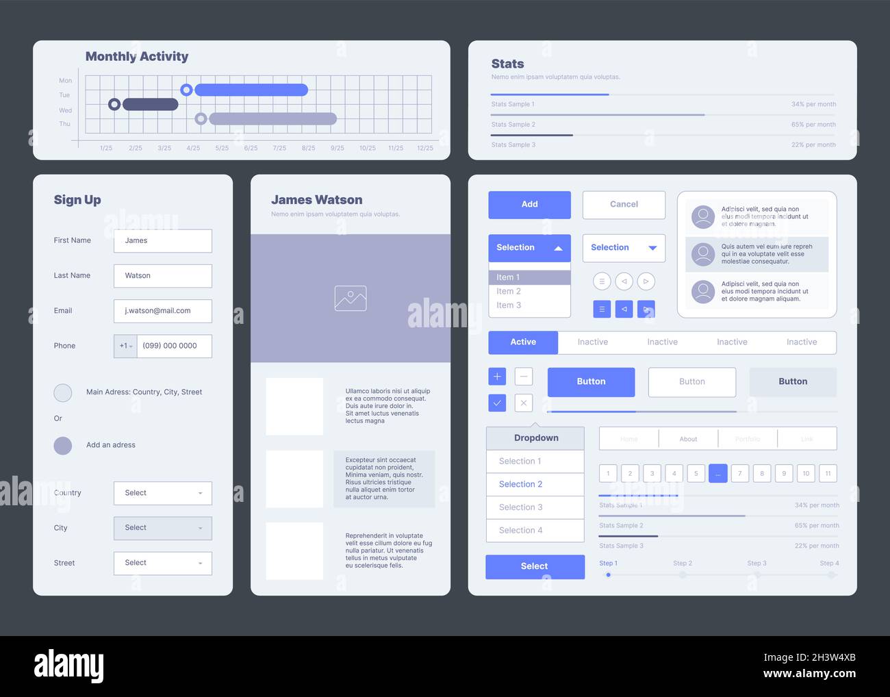 Ui template. Web dashboard elements buttons dividers menu symbols ux ...