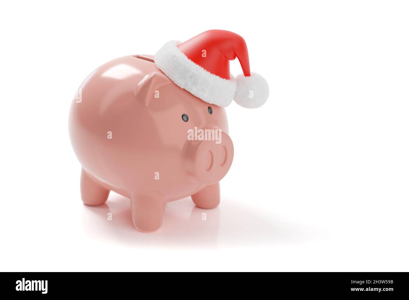 Piggy bank with Santa Claus cap isolated on white background. Christmas concept. 3d illustration. Stock Photo