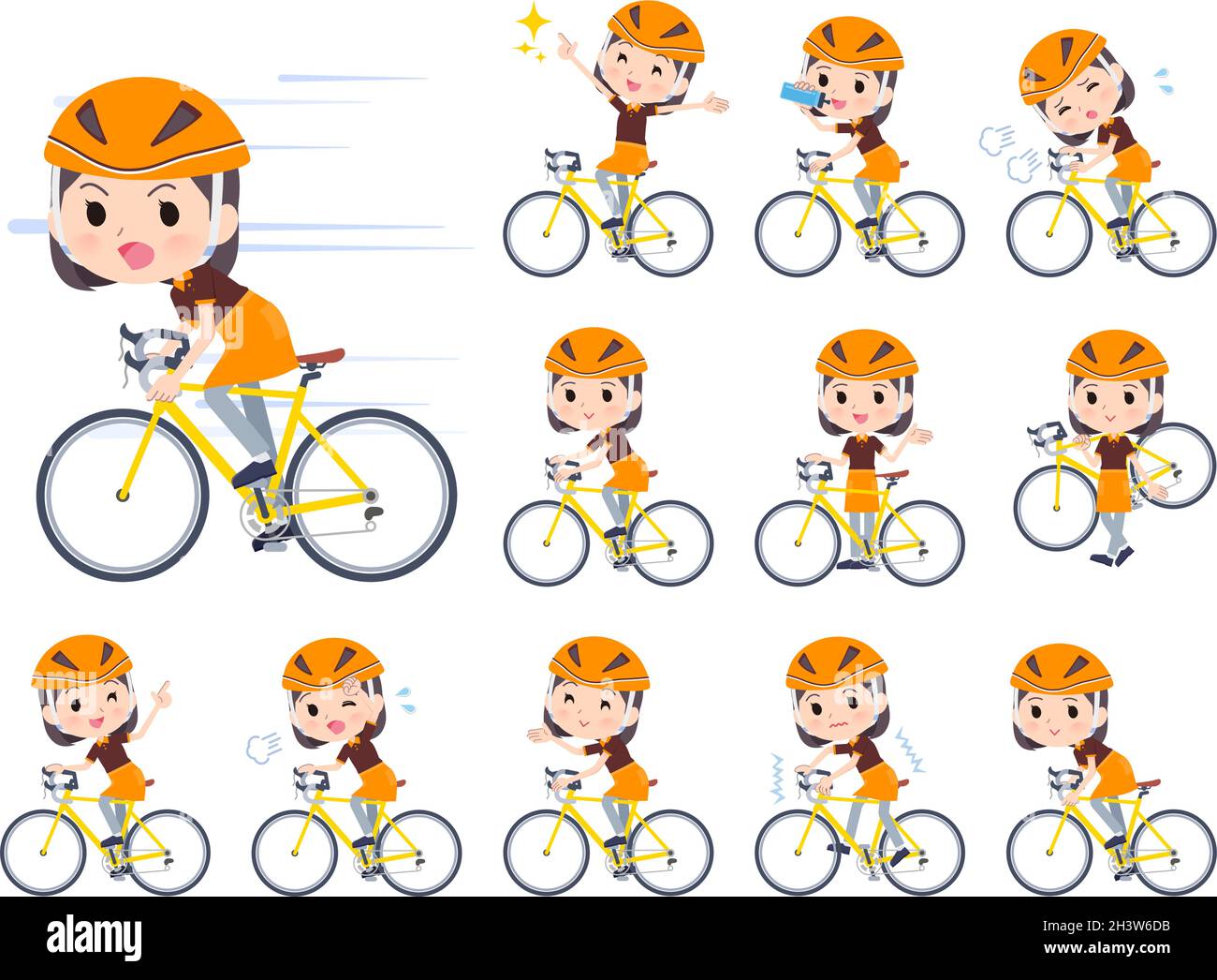 A set of Fast food clerk woman on a road bike.It's vector art so easy to edit. Stock Vector
