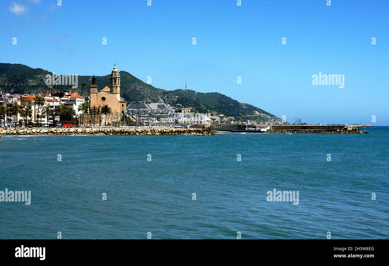 Panoramic of Sitges beach, Barcelona, Catalunya, Spain, Europe Stock Photo