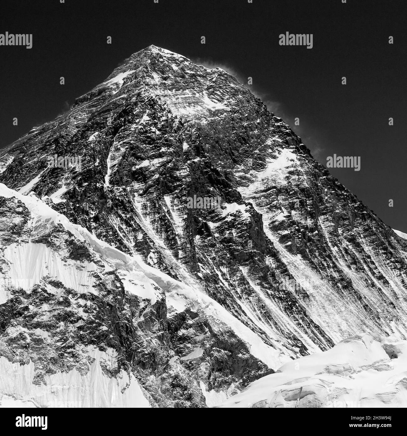Mount Everest in BW seen from Kala Patthar Stock Photo
