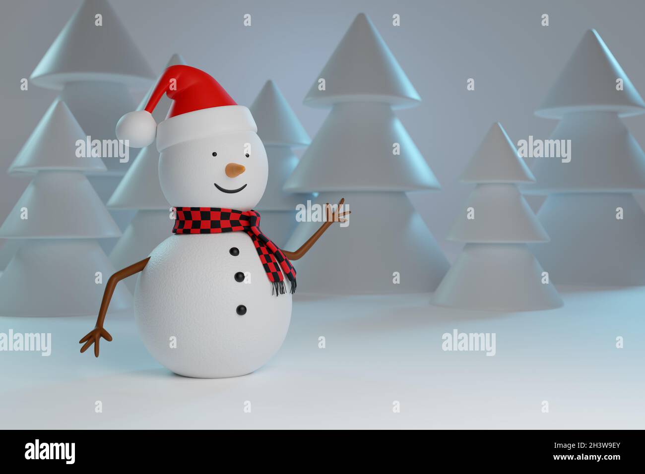 Santa Claus and Snowman holding a blank sign with snowy trees ...