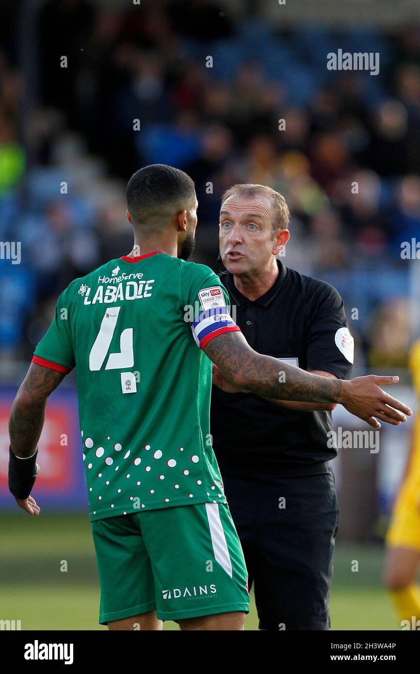 Sutton, UK. 30th Oct, 2021. Referee, Carl Boyeson and Joss Labadie of
