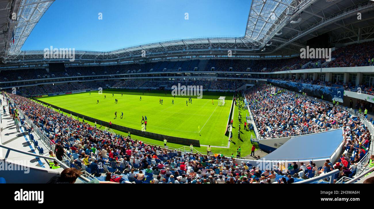 Soccer stadium arena with natural green grass Stock Photo