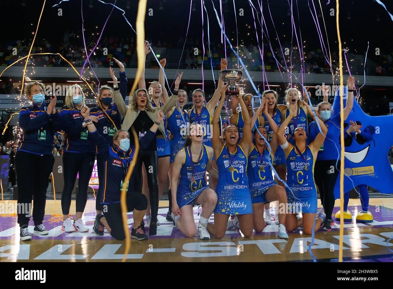 London, UK. 30th Oct, 2021. Copper Box Arena, Queen Elizabeth Olympic Park, London, 30th October 2021 Team Bath celebrate winning the Fast5 Netball All-Stars Championship against Saracens Mavericks by 23-17 Credit: Touchlinepics/Alamy Live News Stock Photo