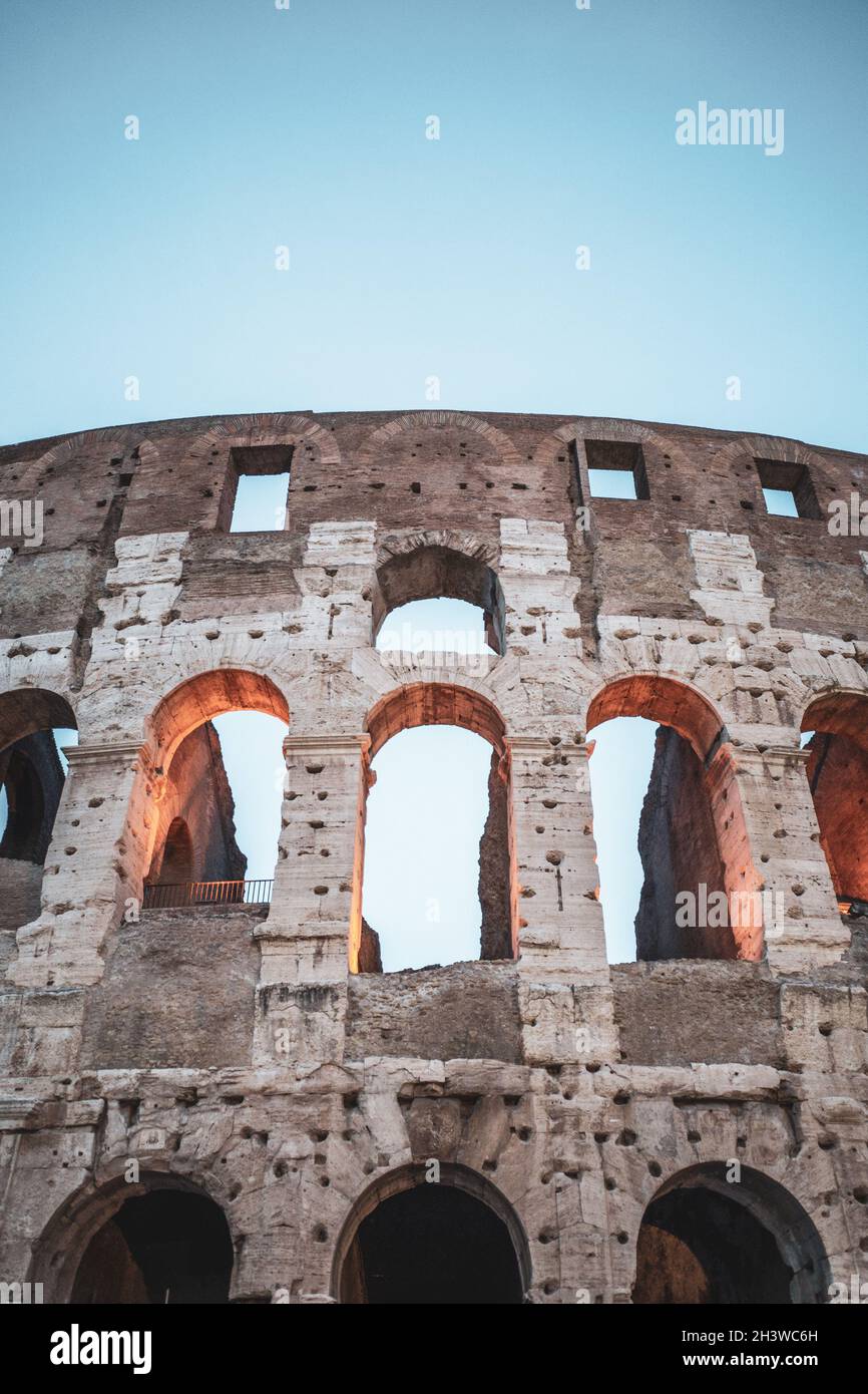 ITALY, Roma 2021: The Colosseum, Coliseum or Colosseo, Flavian Amphitheatre largest ever built symbol of ancient Roma city in Roman Empire.The Colosseum was used for gladiatorial contests and public spectacles including animal hunts, executions, re-enactments of famous battles, and dramas based on Roman mythology, and briefly mock sea battles. Stock Photo