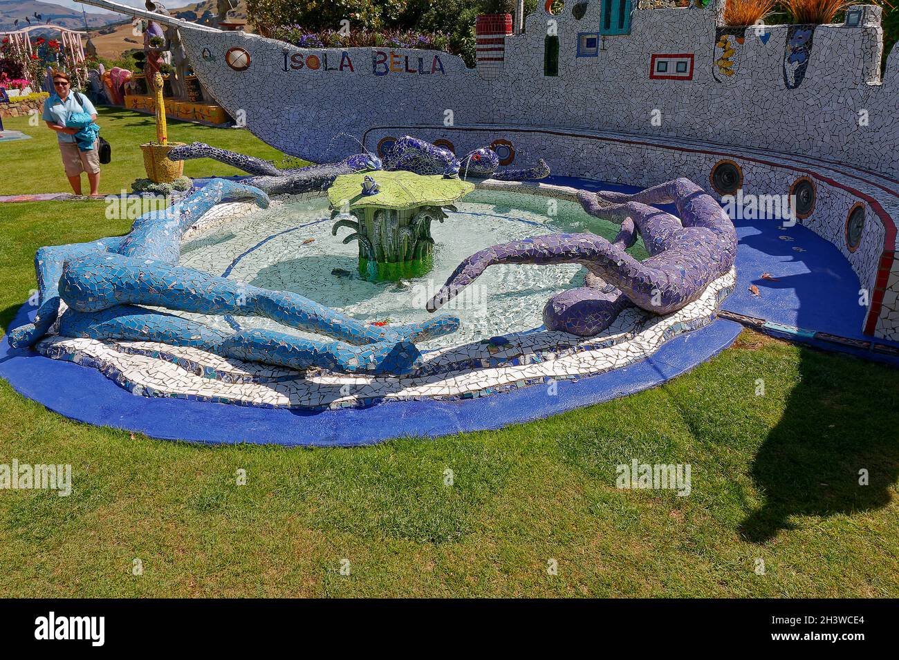 whimsical mosaic fountain, boat sculpture, Isola Bella, garden scene