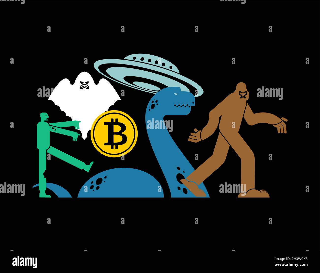 Paranormal object Concept. Bitcoin and zombies. UFO and Yeti. Loch Ness  monster and ghost. electronic currency vector illustration Stock Vector  Image & Art - Alamy