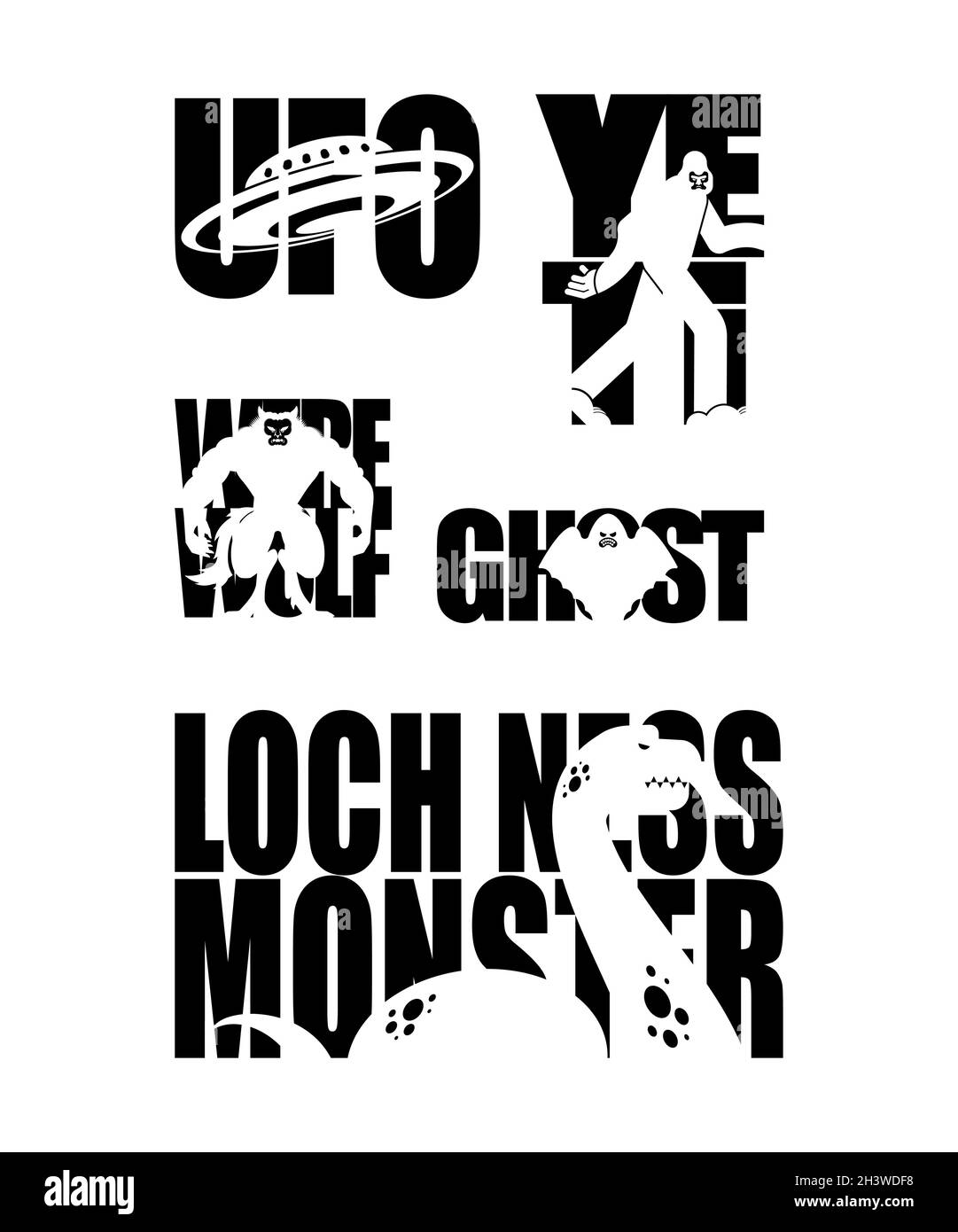 Paranormal Lettering. Werewolf and zombies Typography. UFO and Yeti letters. Loch Ness monster and ghost Silhouette of in text Stock Vector