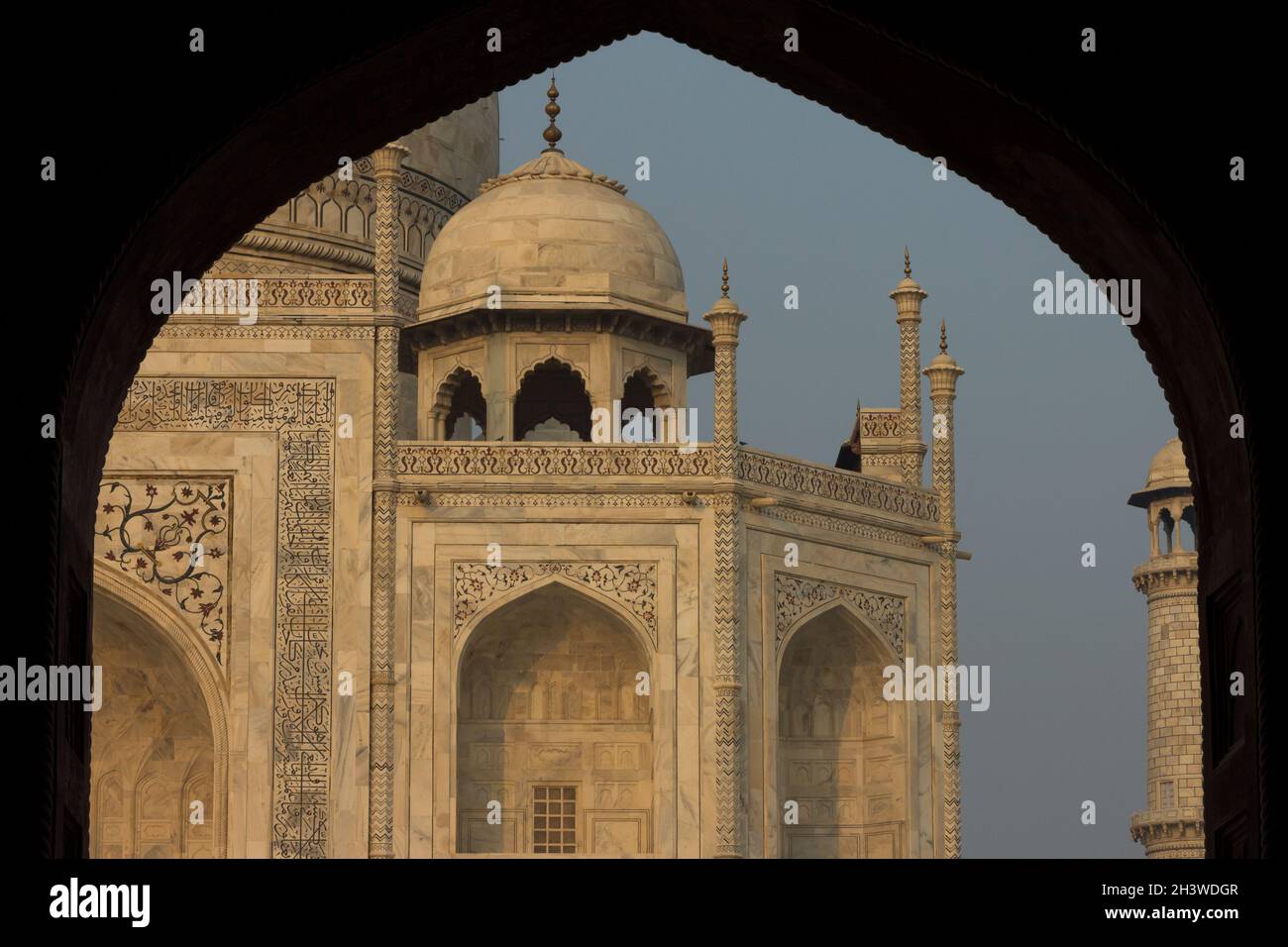 Taj Mahal seen shortly after sunrise from jawÄb - building which is located east of the mausoleum Stock Photo