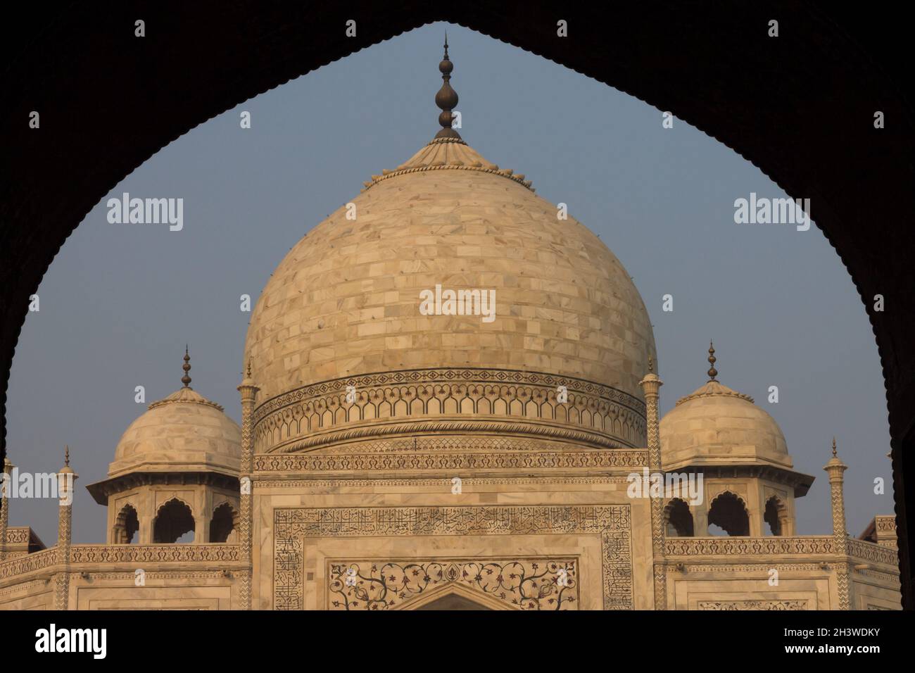 Taj Mahal seen shortly after sunrise from jawÄb - building which is located east of the mausoleum Stock Photo