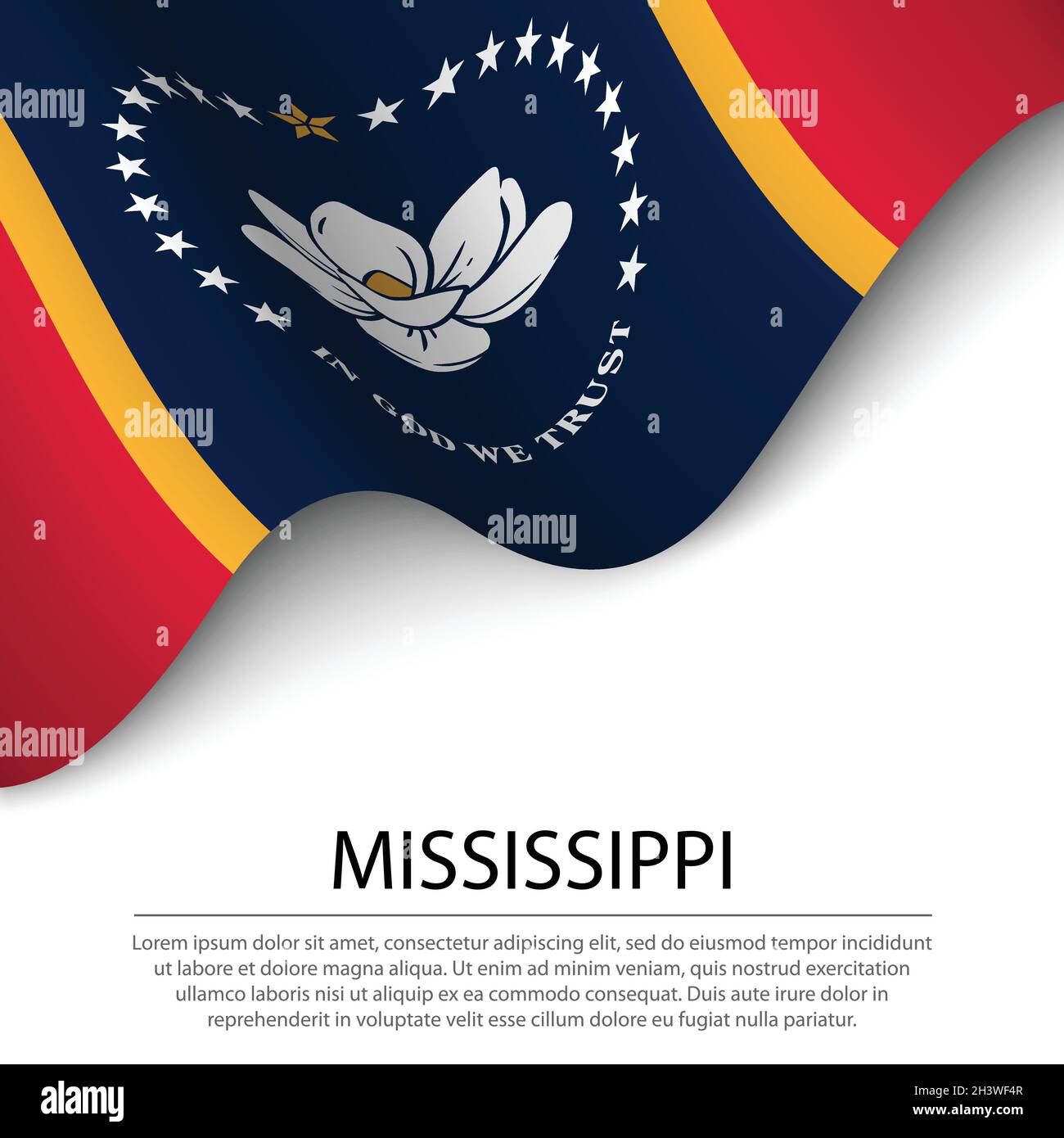Waving flag of Mississippi is a state of USA on white background ...