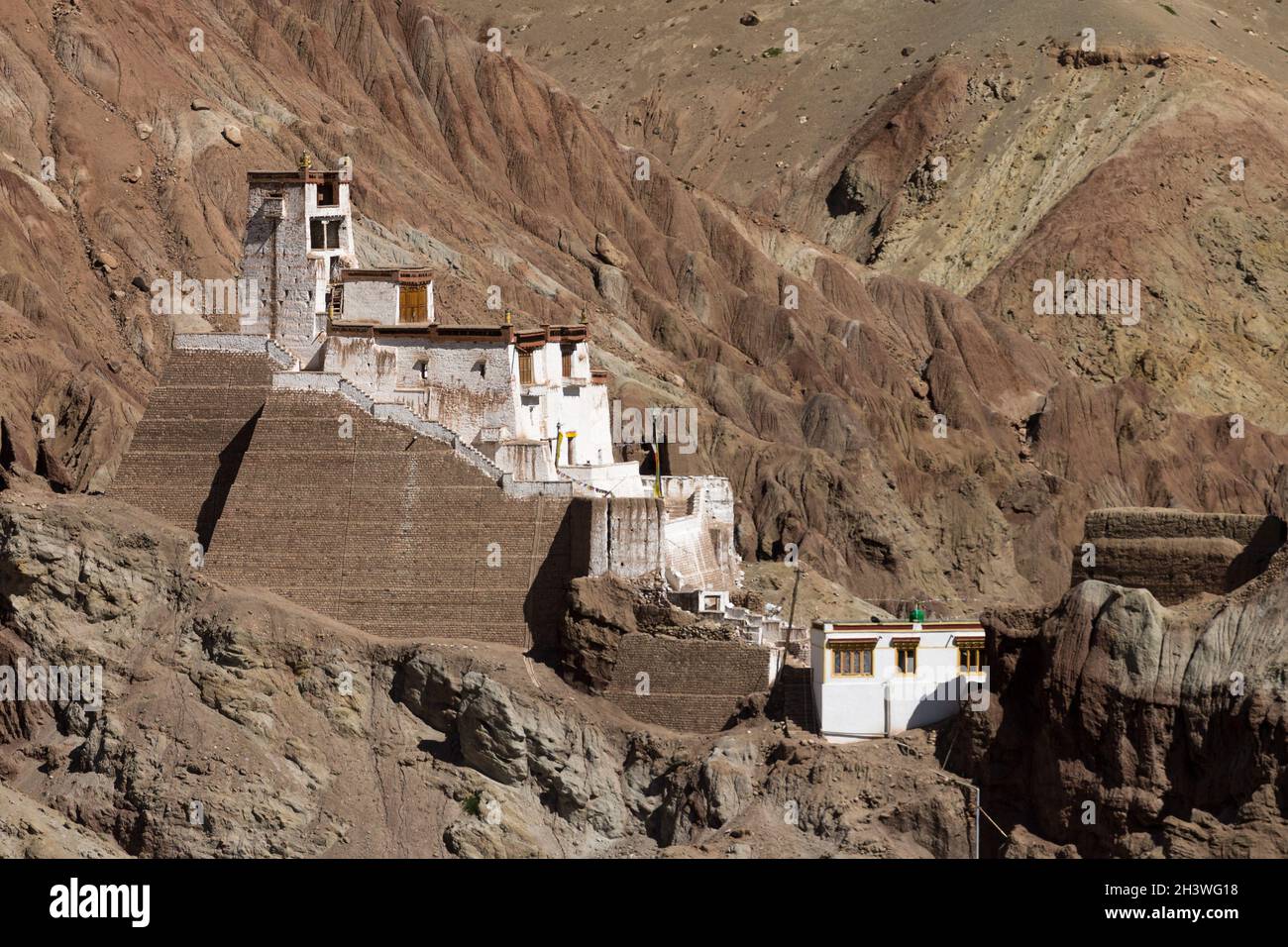 The fortress monastery high above the Basgo village, Ladakh Stock Photo
