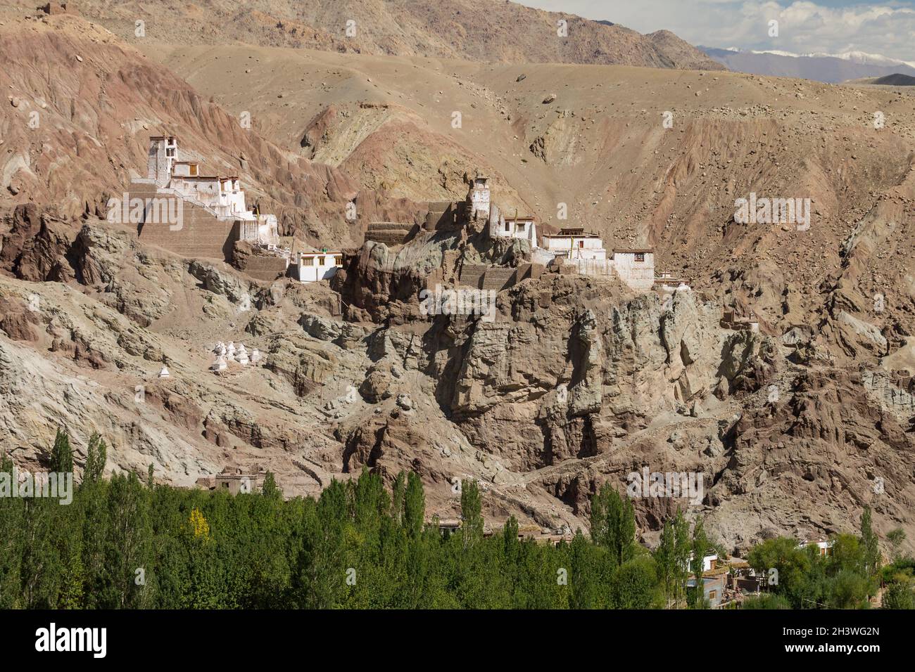 The fortress monastery high above the Basgo village Stock Photo