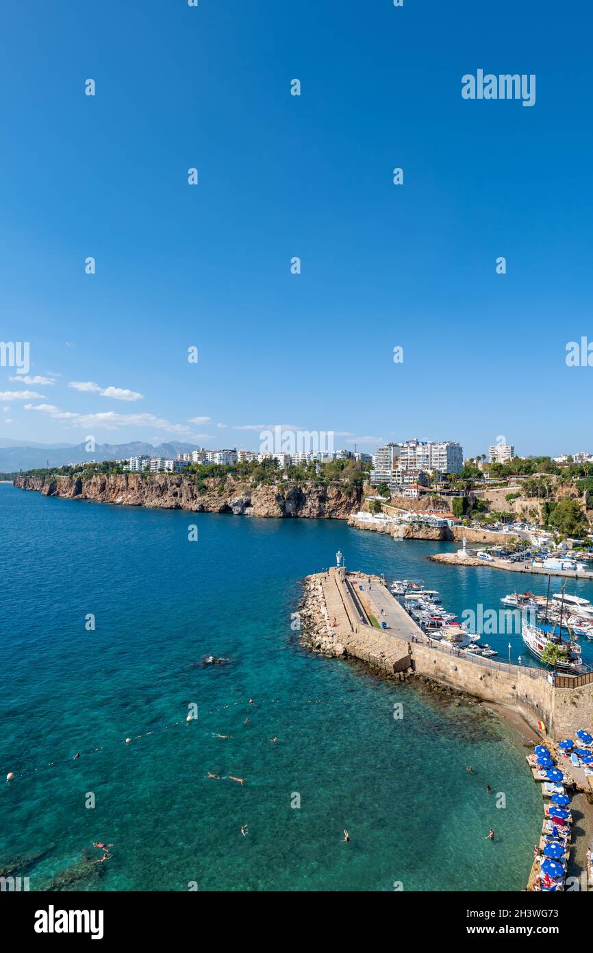 Mermerli beach in Antalya, Turkey, near the old town of Antalya. Antalya is a popular Mediterranean coastal city for tourists. Stock Photo