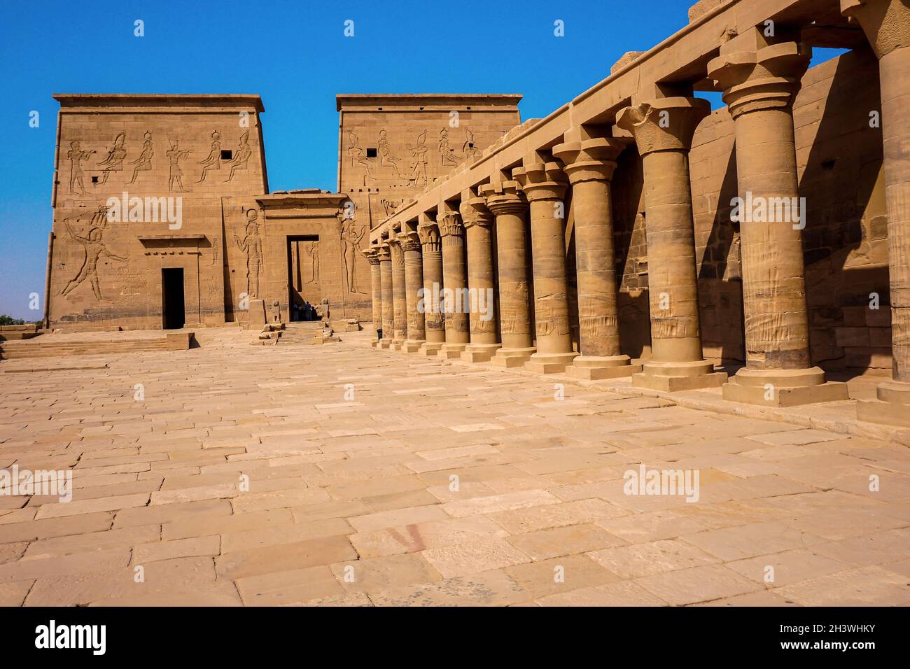 Wonderful architecture and stone columns from the Temple of Philae, Red Sea Governorate, Egypt 2019 Stock Photo
