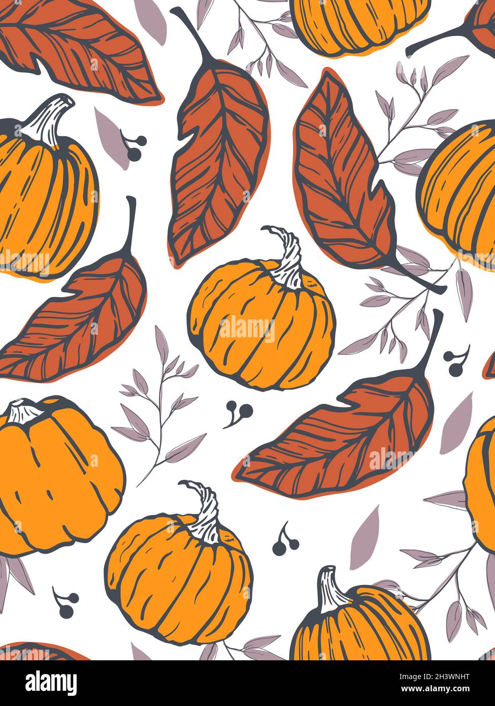 Pumpkin Pattern Abstract Seamless pattern of hand-drawn floral elements, pumpkins flowers and ...