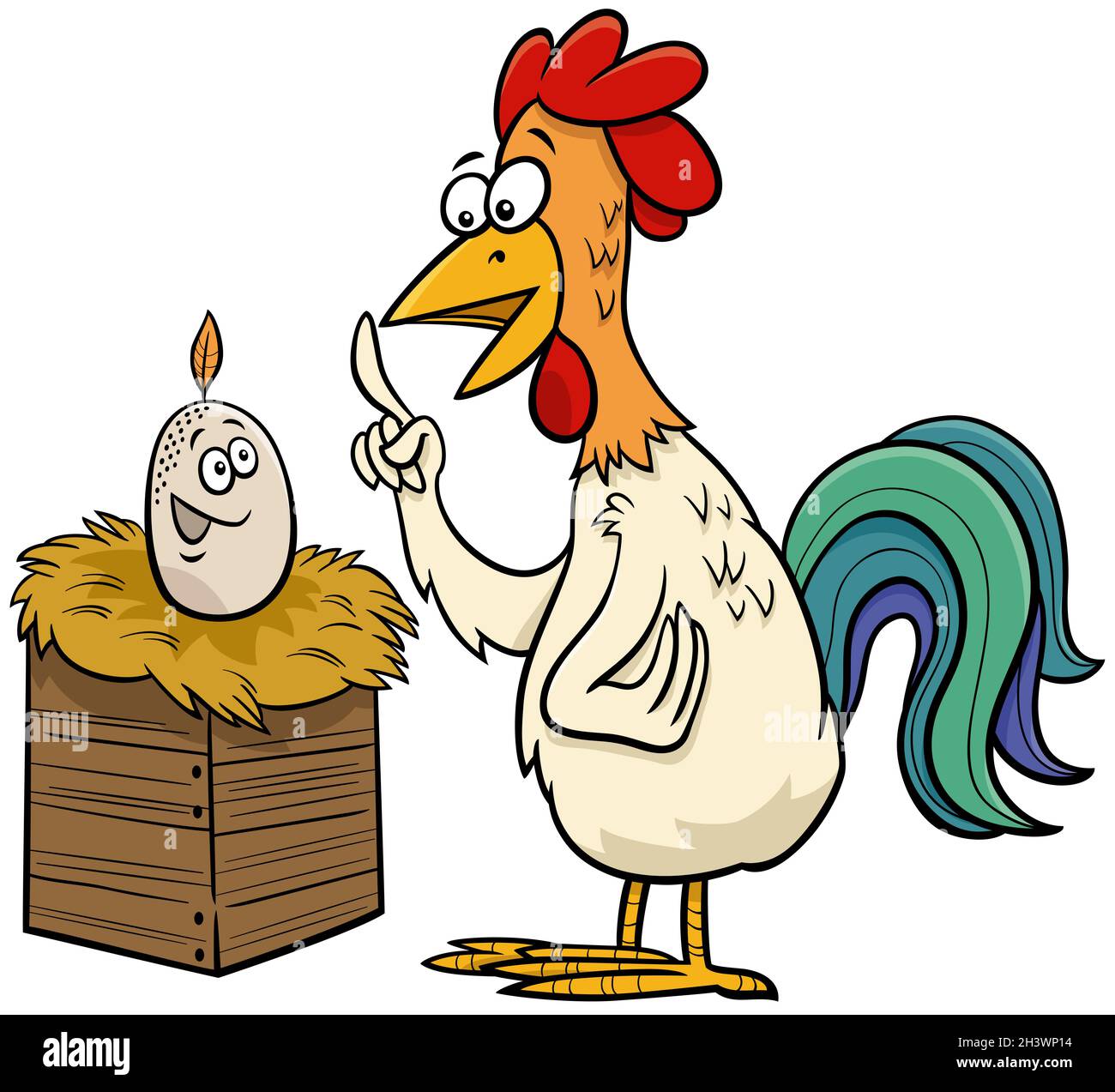 Rooster and egg cartoon humorous illustration Stock Photo Alamy