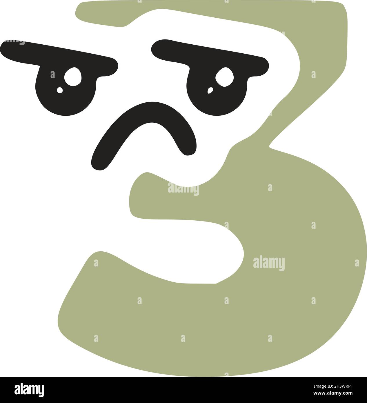 Number 3 kawaii character with sad face, vector clip art Stock Vector