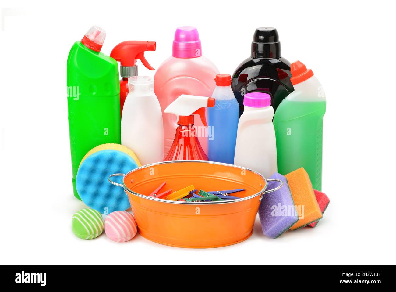 Collection of various household cleaning products isolated on a