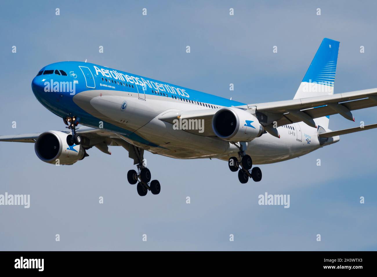 Madrid, Spain - May 4, 2016: Aerolineas Argentinas passenger plane at airport. Schedule flight travel. Aviation and aircraft. Air transport. Global in Stock Photo