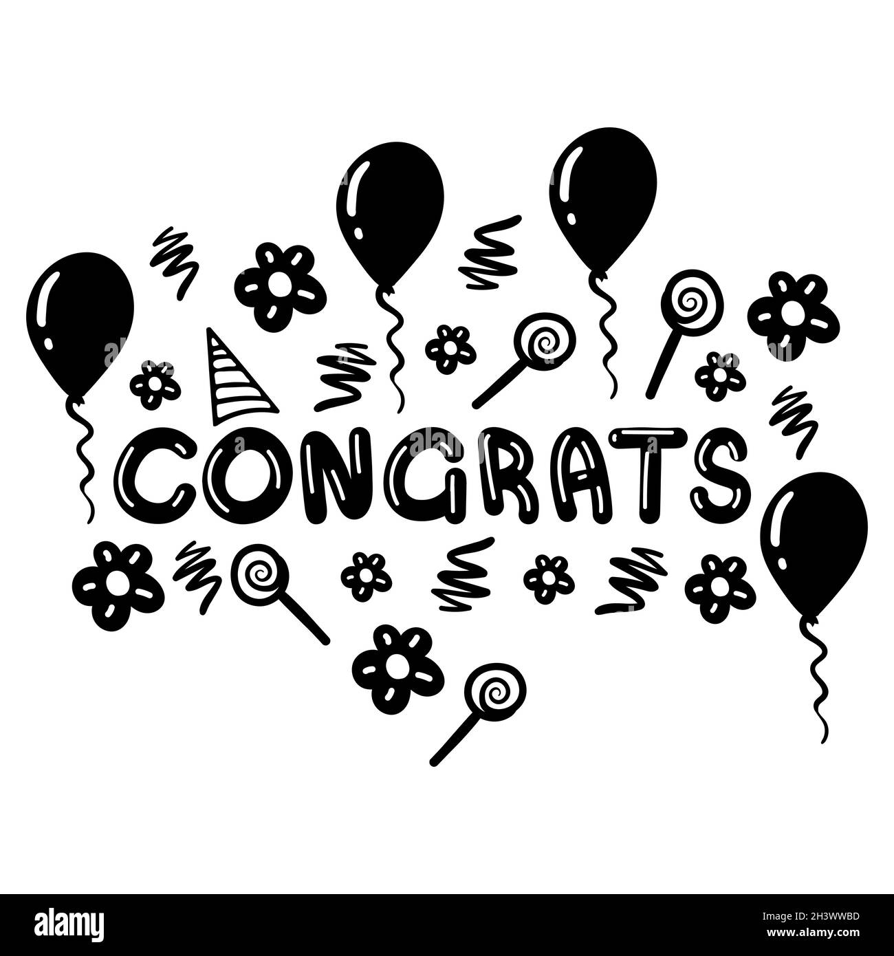 Congrats lettering with decor. Isolated on white background. Stock Vector