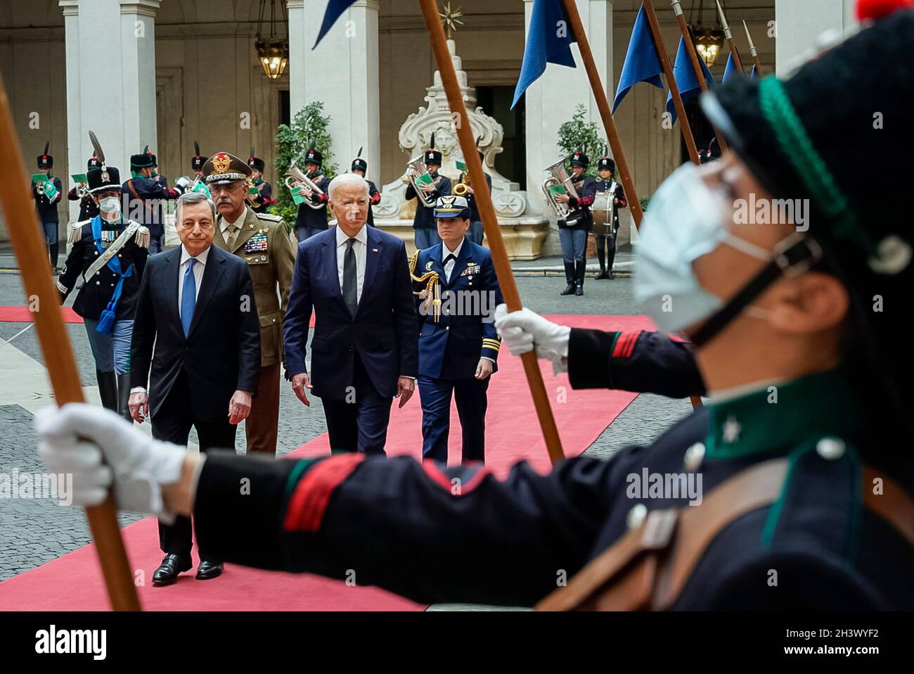 Rome, Italy. 29th Oct, 2021. U.S President Joe Biden reviews the honor guard escorted by Italian Prime Minister Mario Draghi, left, prior to a bilateral meeting at the Palazzo Chigi October 29, 2021 in Vatican City, Vatican. Credit: Adam Schultz/White House Photo/Alamy Live News Stock Photo