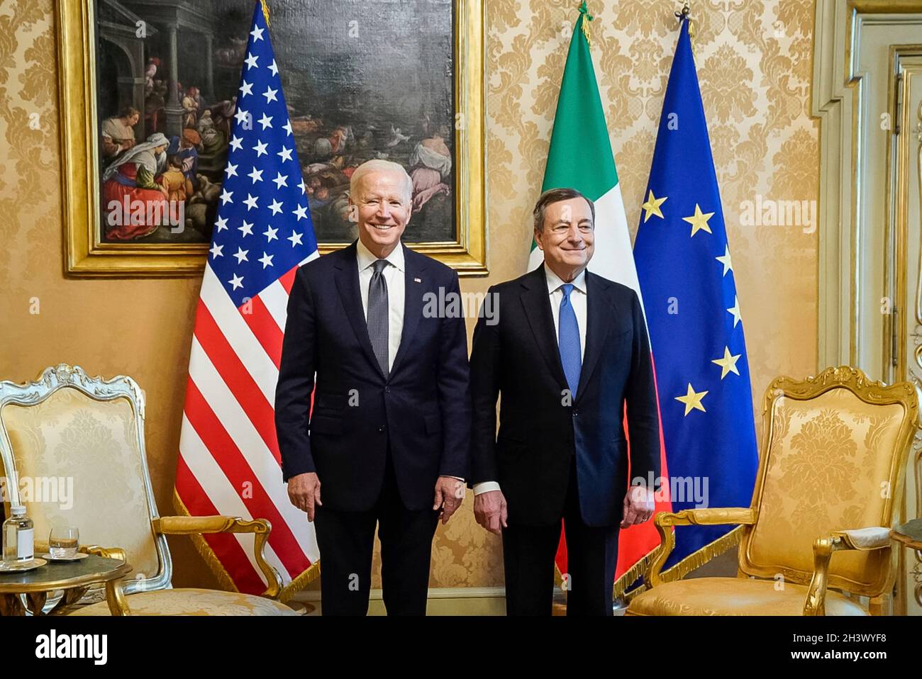 Rome, Italy. 29th Oct, 2021. U.S President Joe Biden and Italian Prime Minister Mario Draghi, right, stand together prior to the start of a bilateral meeting at the Palazzo Chigi October 29, 2021 in Vatican City, Vatican. Credit: Adam Schultz/White House Photo/Alamy Live News Stock Photo