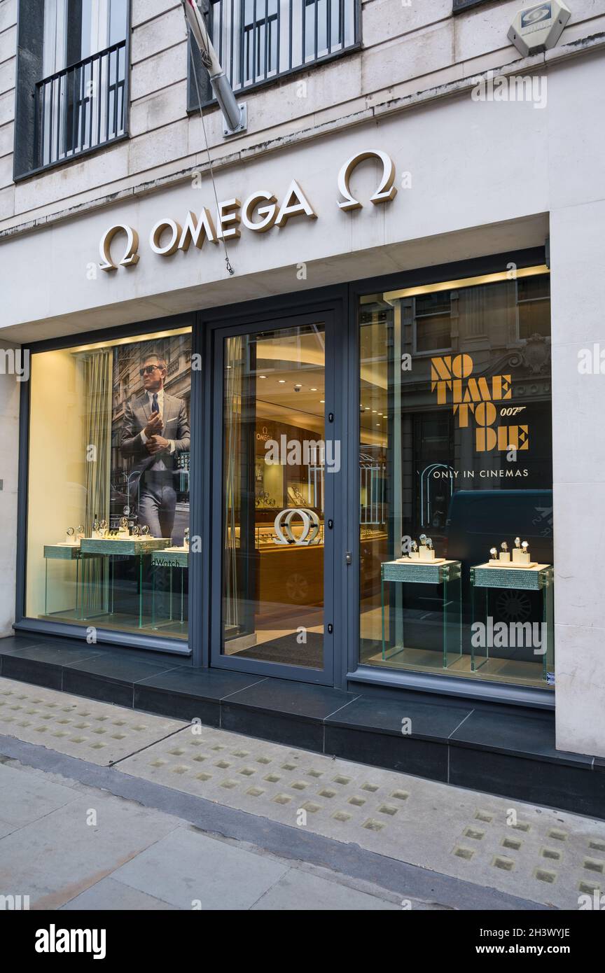 OMEGA Boutique, shop selling own brand high end watches. Window display ...