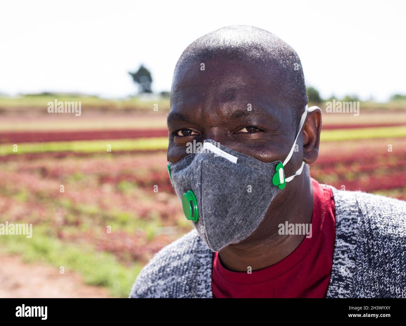 African american farmer in breathing valve respirator Stock Photo
