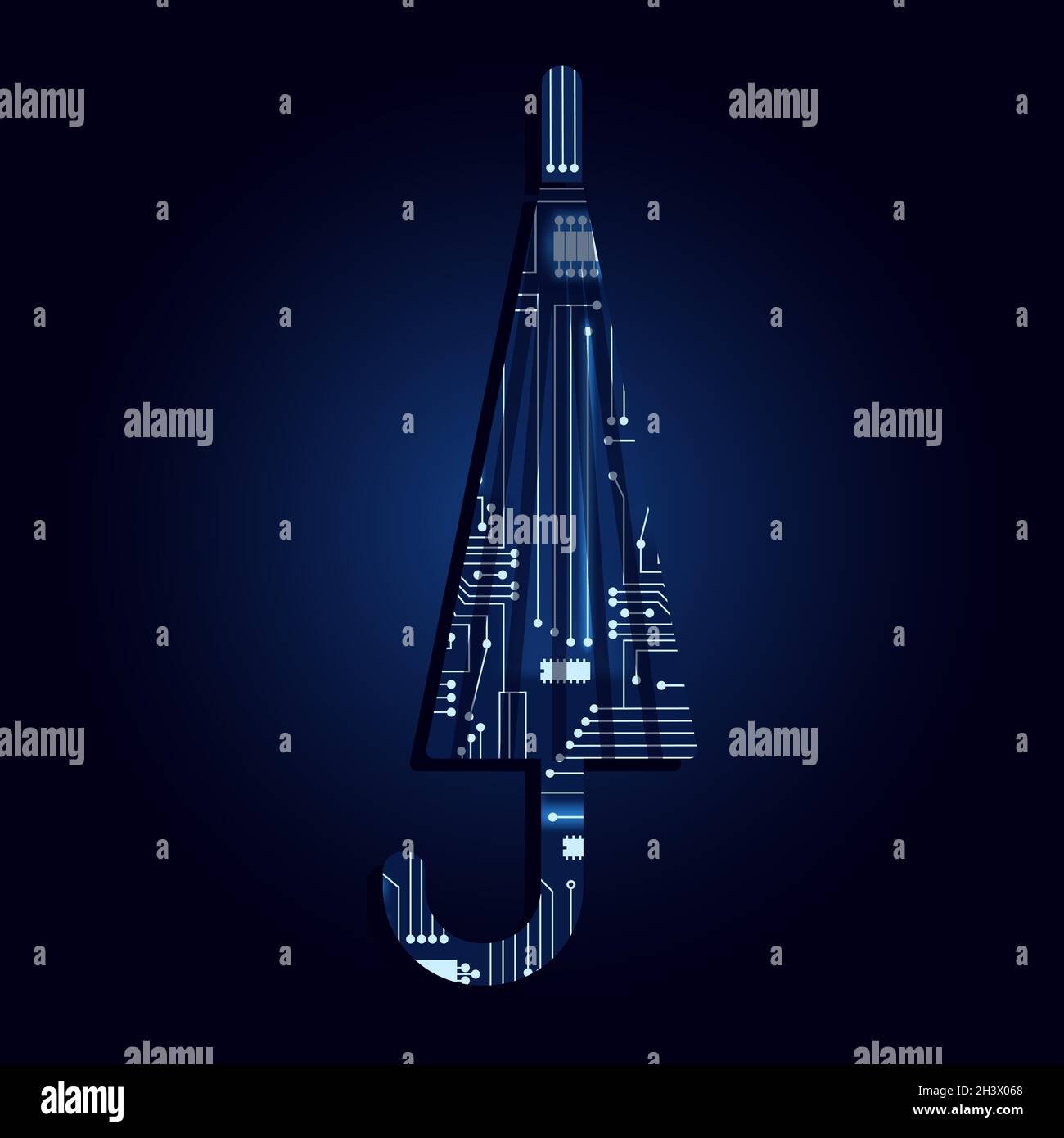 Umbrella symbol with a technological electronics circuit. Blue background. Stock Vector