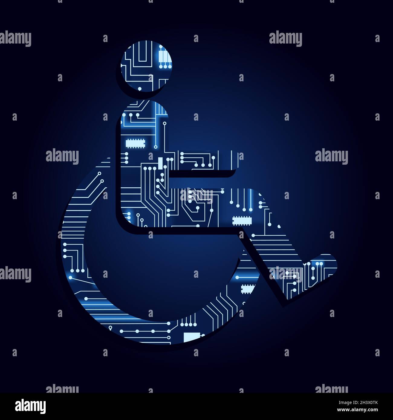 Wheelchair user symbol with a technological electronics circuit. Blue background. Stock Vector
