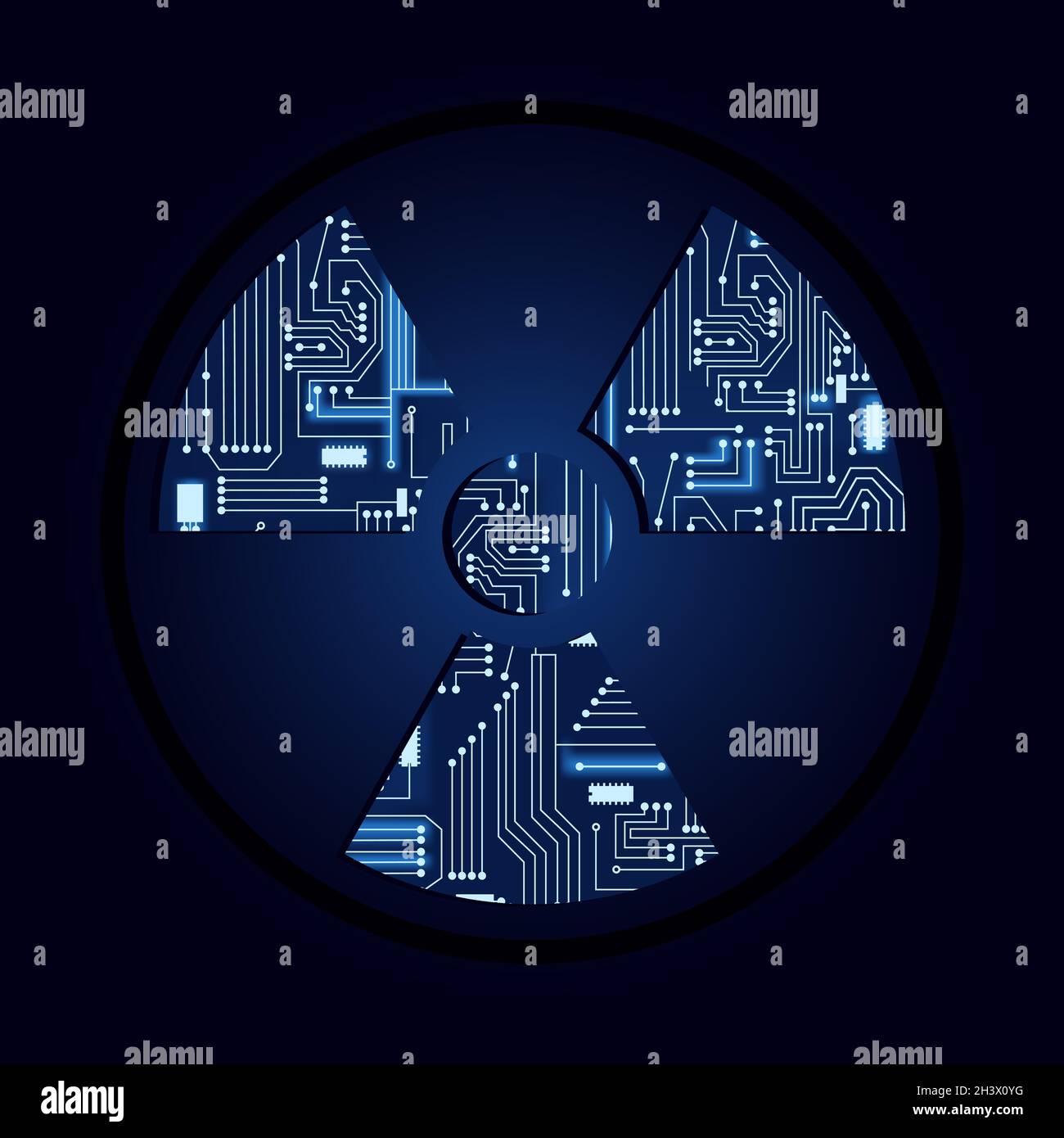 Radioactive symbol with a technological electronics circuit. Blue