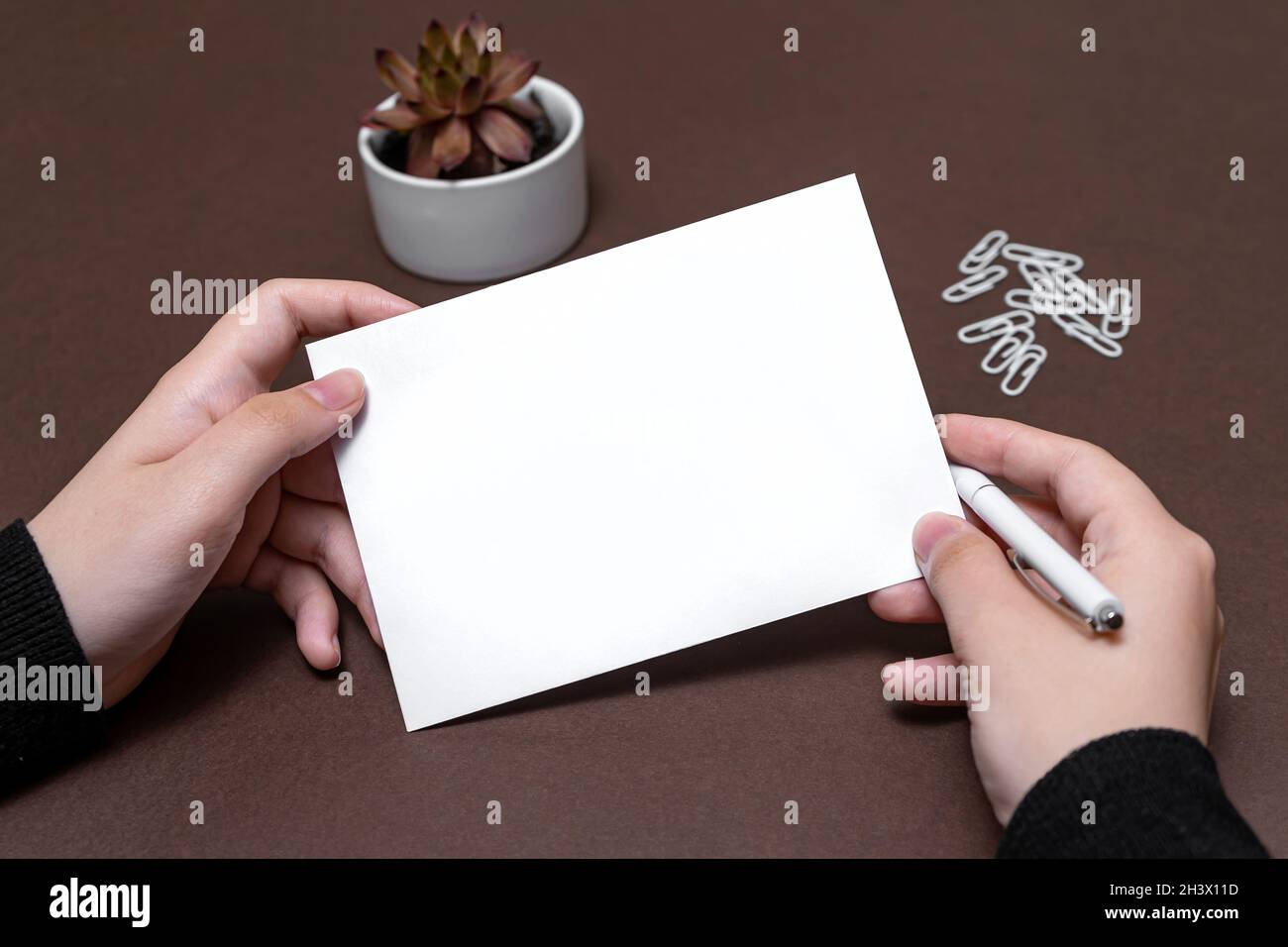 Woman Hand Holding Blank Notes Writing New Messege Updates Ideas. Lady Palm Showing Envelope Folding Sending Letters Post Addres Stock Photo