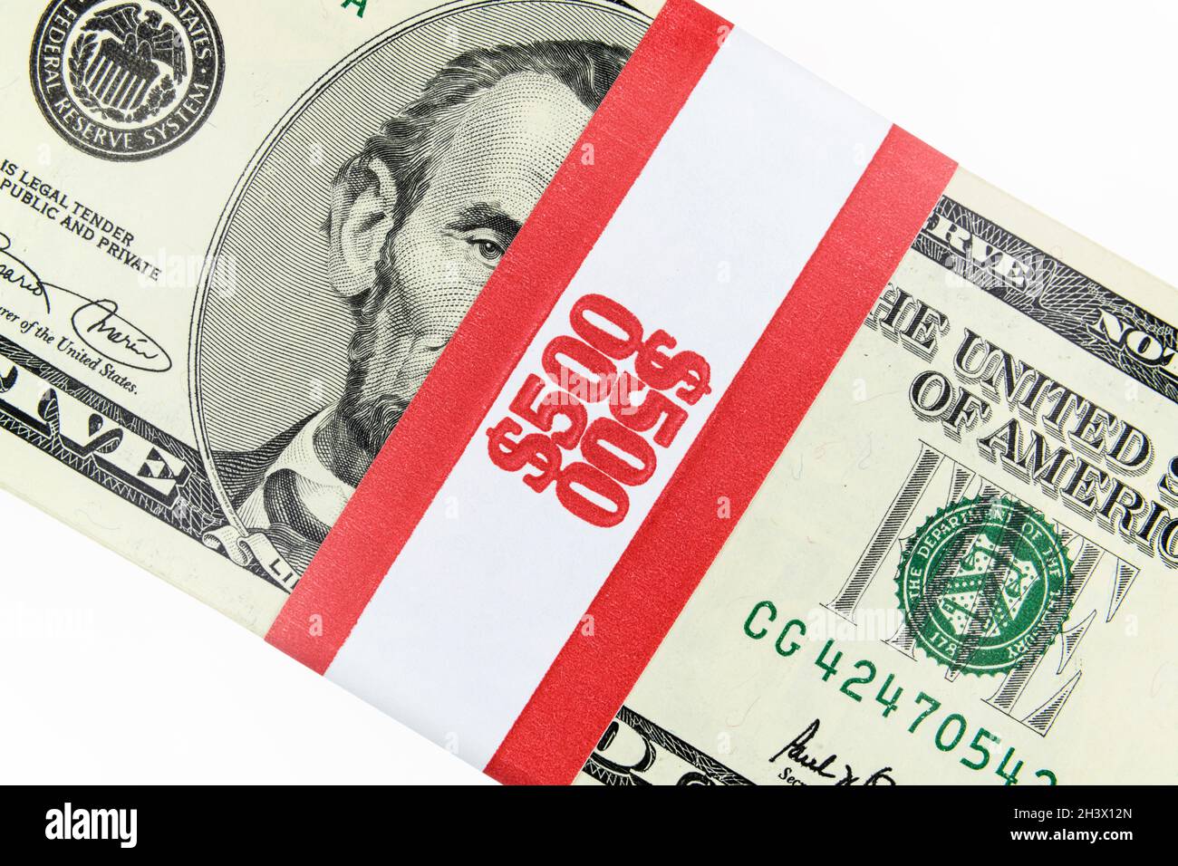 Five hundred dollar money bundle with paper currency strap Stock Photo