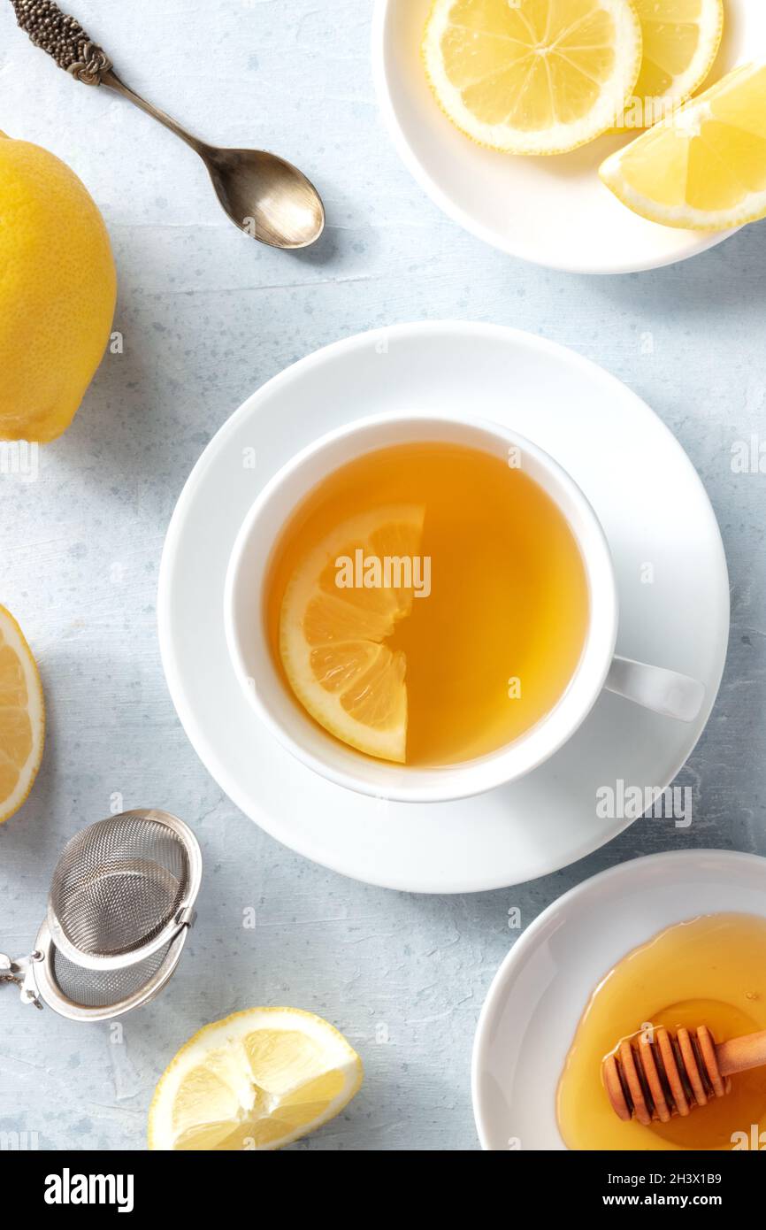 Lemon tea and honey, shot from above. Natural remedy Stock Photo