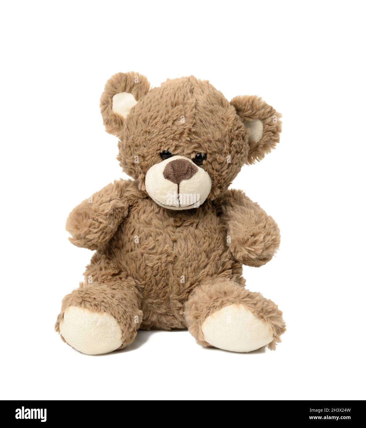 Cute brown teddy bear sitting on white isolated background Stock Photo
