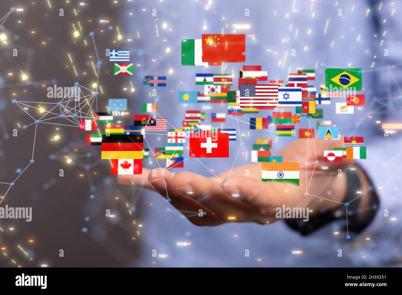 Human hand showing the digital concept of global communication ...