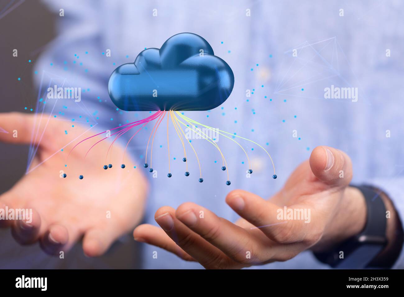 3D rendering of floating digital data network symbol and cloud on hand ...